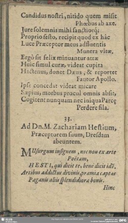 33. Ad Dn. M. Zachariam Hestium, Praeceptorem suum, Dresdam abeuntem