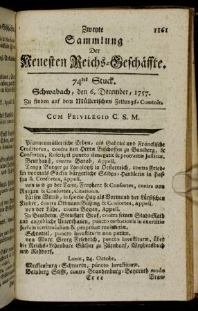 74tes Stuck. Schwabach, den 6. December, 1757.