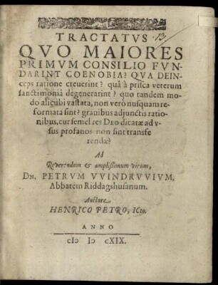 Tractatus quo maiores primum consilio fundarint coenobia?