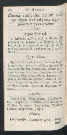 Catena consensus rerum cum XII. signis Zodiaci iuxta Aegyptios veteres ex Arabum libris.