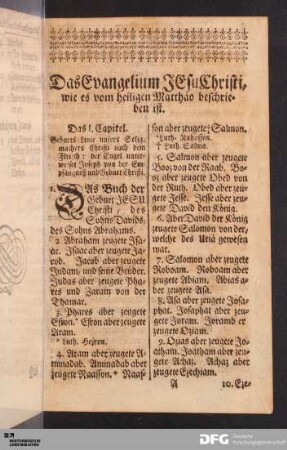 Das Evangelium Jesu Christi, wie es vom heiligen Matthäo beschrieben ist.