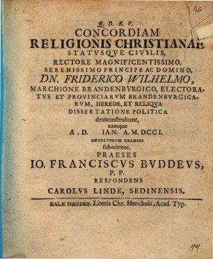 Concordiam religionis Christianae statvsqve civilis