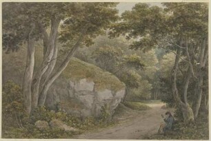 Weg in einem Park, links ein Felsblock