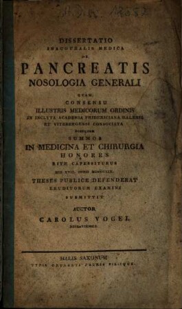 Dissertatio Inauguralis Medica De Pancreatis Nosologia Generali