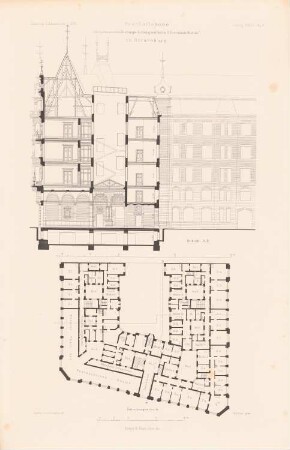 Geschäftshaus der Lebensversicherungsgesellschaft »Germania-Stettin«, Straßburg: Grundriss Zwischengeschoss, Schnitt AB (aus: Atlas zur Zeitschrift für Bauwesen, hrsg. v. F. Endell, Jg. 37, 1887)