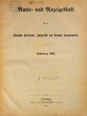 Amts- und Anzeigeblatt für das Königliche Bezirksamt Zusmarshausen. 1883