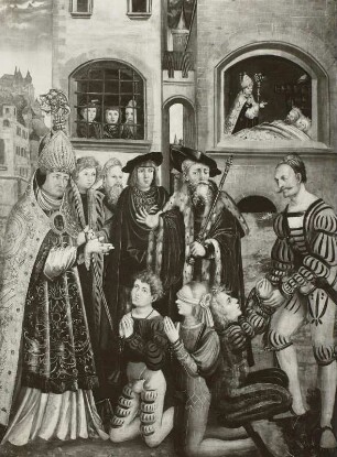 Döbeln, Nicolaikirche, Innenraum, Altar : Flügelaltar, 2. Wandlung, Mitte rechts unten: Nikolaus befreit unschuldig Verurteilte, Temperagemälde
