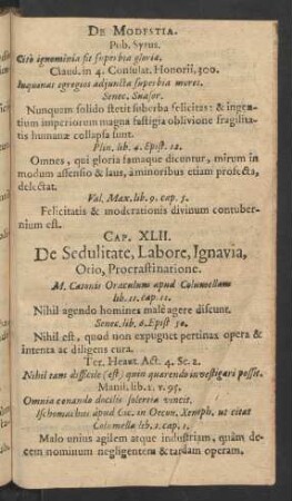 Cap. XLII. De Sedulitate, Labore, Ignavia, Otio, Procrastinatione.