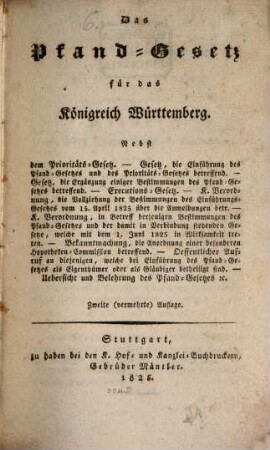 Das Pfand-Gesetz für das Königreich Württemberg