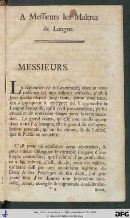 A Messieurs les Maîtres de Langue.