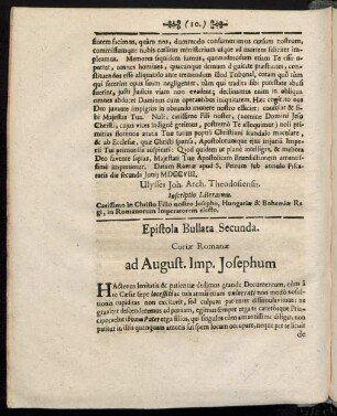 Epistola Bullata Secunda. Curiae Romanae ad August. Imp. Josephum