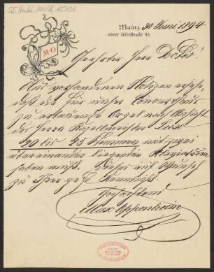 Brief an Ludwig Strecker  und Mainzer Liedertafel und Damengesangverein : 30.06.1894