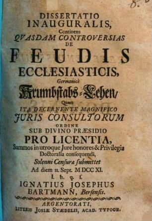 Diss. inaug. continens quasdam controversias de feudis ecclesiasticis, Germanice Krumbstabs-Lehen