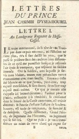 Lettre I. Au Landgrave Regnant de Hesse-Cassel.