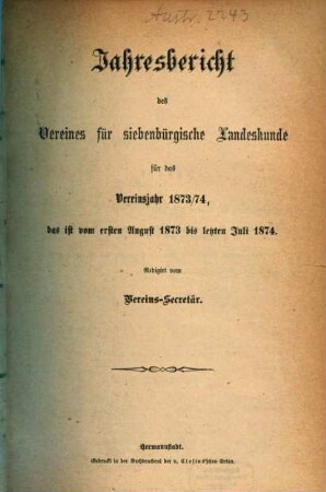 Jahresbericht des Vereins für Siebenbürgische Landeskunde, Hermannstadt, 1873/74