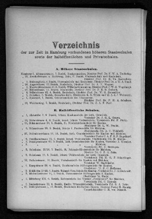 Verzeichnis der zur Zeit in Hamburg vorhandenen höheren Staatsschulen, sowie der halböffentlichen und Privatschulen