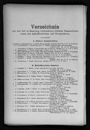 Verzeichnis der zur Zeit in Hamburg vorhandenen höheren Staatsschulen, sowie der halböffentlichen und Privatschulen