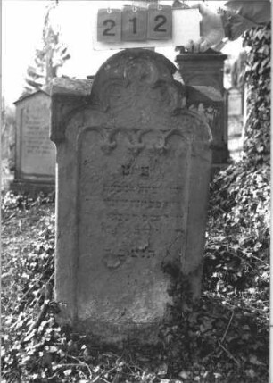 Grabstein 212 (Index: 99786001) Zustand: Vorderseite: Inschrift größtenteils abgeblättert Maße HxBxT: 108x61x18 cm: Grabstein 212
