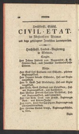 Hochfürstl. Sächß. Civil-Etat. im Fürstenthum Weimar und dazu geschlagener Jenaischen Landesportion