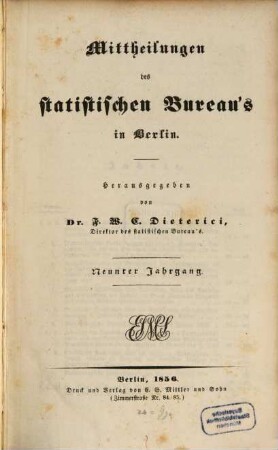 Mittheilungen des Statistischen Bureau's in Berlin. 9. 1856