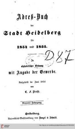 9: Adreßbuch der Stadt Heidelberg: Adreß=Buch der Stadt Heidelberg für 1854 und 1855