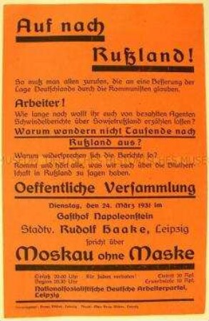 Propagandaflugblatt der NSDAP mit dem Aufruf zu einer antisowjetischen Versammlung
