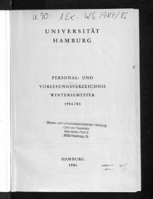 WS 1984/85: Personal- und Vorlesungsverzeichnis // Hamburgische Universität