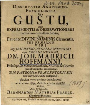 Dissertatio Anatomico-Physiologica De Gustu, atque Experimentis & Observationibus novissimis circa illum habitis