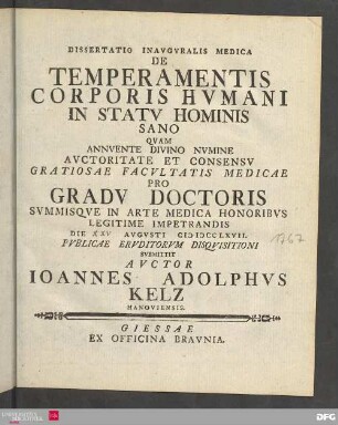 Dissertatio Inavgvralis Medica De Temperamentis Corporis Hvmani In Statv Hominis Sano