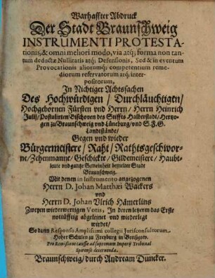 Warhaffter Abdruck der Stadt Braunschweig Instrumenti Protestationis