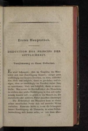Erstes Hauptstück. Deduction Des Princips Der Sittlichkeit.