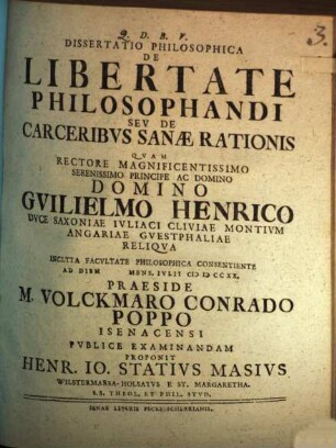 Diss. philos. de libertate philosophandi, seu de carceribus sanae rationis