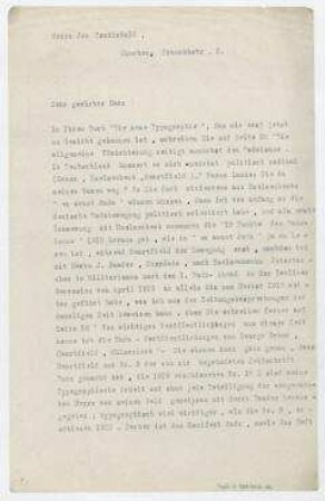 Brief von Raoul Hausmann an Jan Tschichold. [Poststempel: Berlin]