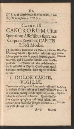 Caput III. Cancrorum Usus Specialis in Affectibus supremae Corporis Regionis, Capitis scilicet Morbis.