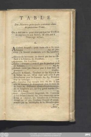 Table Des Matieres principales contenues dans le quatrieme Tome.