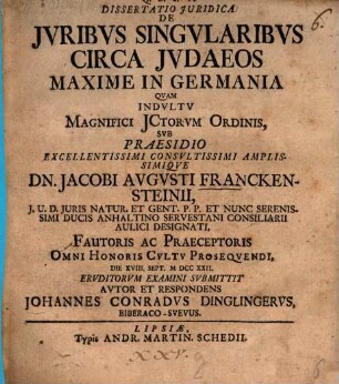 Diss. jur. de iuribus singularibus circa Judaeos, maxime in Germania