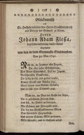 Glückwunsch an Se. Hochehrwürden den Herrn Consistorialrath und Director des Gymnasii zu Altona,...