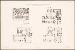 Fest- und Gesellschaftshaus für die deutsche Marine: Lageplan, Grundriss Keller, EG, 1. OG (aus: Entwürfe von Mitgl. d. AVB, Neue Folge 1898/99)