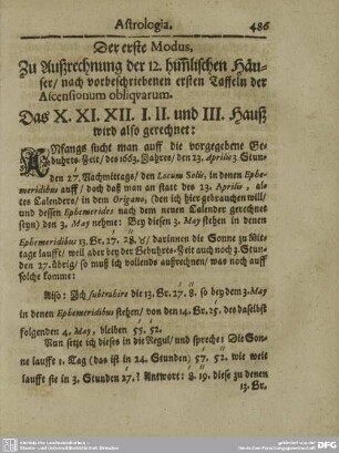 Der erste Modus, Zu Außrechung der 12. himmlischen Häuser /