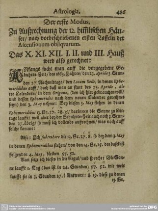 Der erste Modus, Zu Außrechung der 12. himmlischen Häuser /