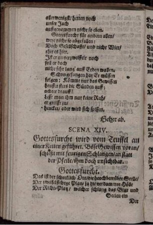 Scena XIV. Gottesfurcht wird vom Teuffel an einer Ketten geführet ...