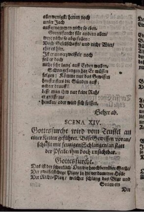 Scena XIV. Gottesfurcht wird vom Teuffel an einer Ketten geführet ...