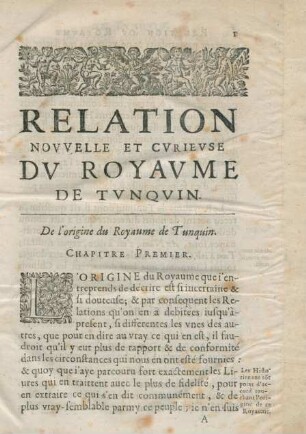 Chapitre Premier. De l'origine du Royaume de Tunquin