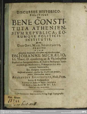 Discursus historico-politicus de bene constituta Atheniensium republica eorumque politicis institutis