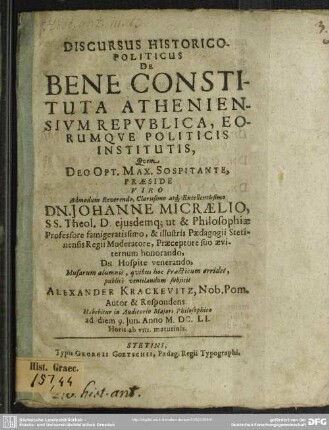 Discursus historico-politicus de bene constituta Atheniensium republica eorumque politicis institutis