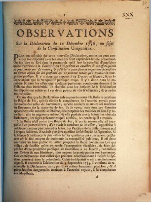 Observations Sur la Déclaration du 10 Décembre 1756, au sujet de la Constitution Unigenitus