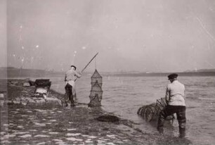 Elbfischer, Fischer beim Reinigen von Aalreusen am Ufer der Elbe bei Strehla