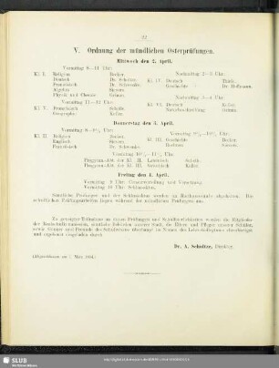 V. Ordnung der mündlichen Osterprüfungen