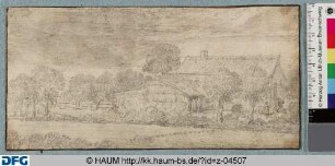 Flußlandschaft mit Dorf hinter Bäumen