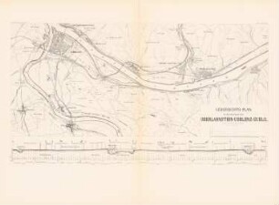 Staatsbahnstrecke Oberlahnstein-Koblenz-Güls: Lageplan, Schnitt (aus: Atlas zur Zeitschrift für Bauwesen, hrsg. v. F. Endell, Jg. 31, 1881)